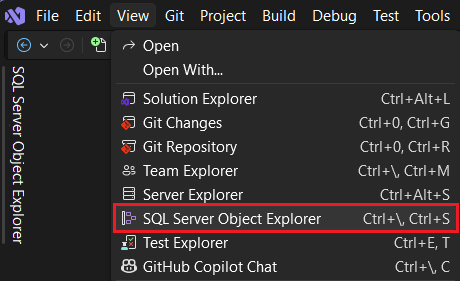 Menú Ver que muestra la opción Explorador de objetos de SQL Server.