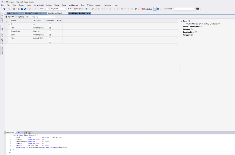 Captura de pantalla que muestra la ventana M V C Movie Microsoft Visual Studio. La pestaña d b o dot Movies Design (Diseño de películas) está seleccionada.