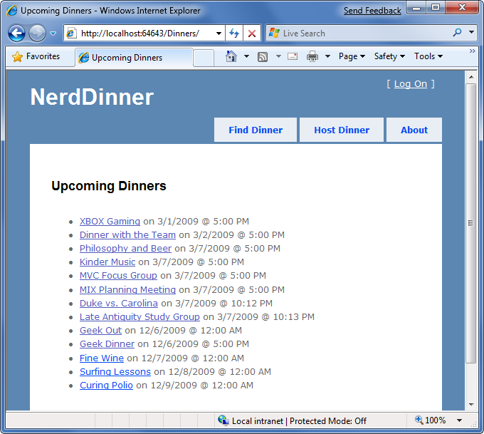 Captura de pantalla de la página de la lista de cenas próximas de Nerd Dinner.