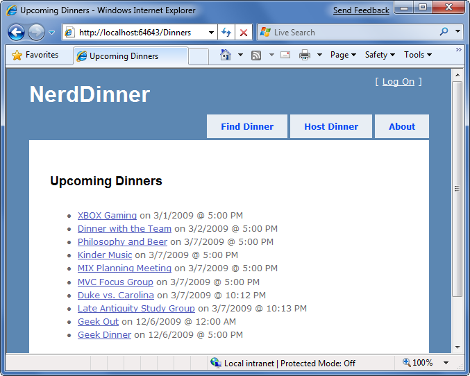 Captura de pantalla de la lista de próximas cenas de Nerd Dinners.