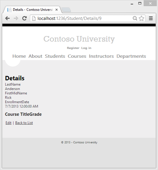Captura de pantalla que muestra la página de Detalles del Estudiante de la Universidad Contoso.