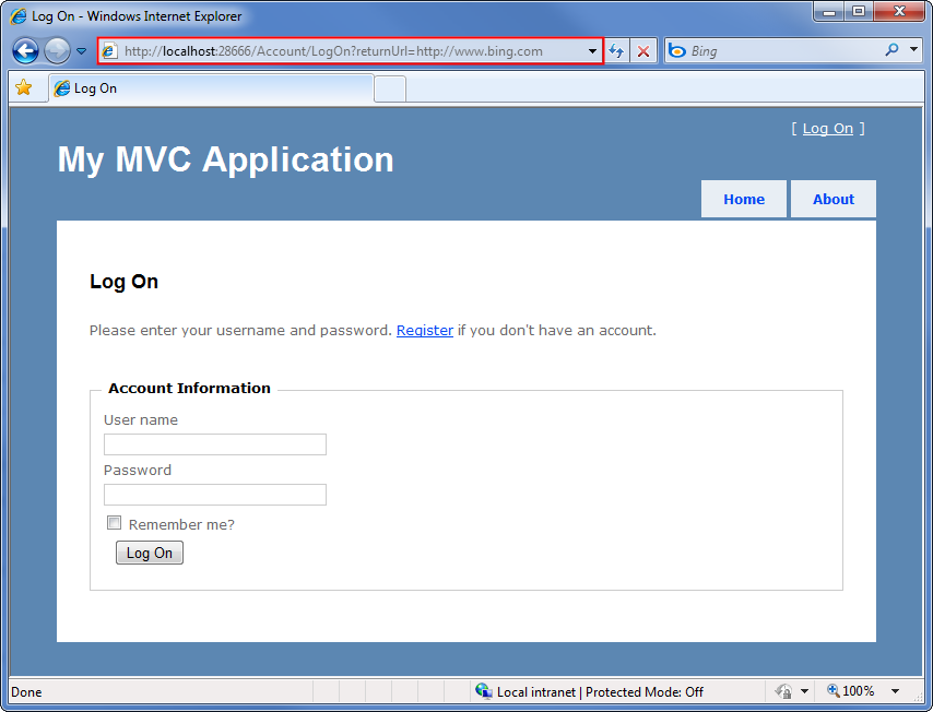 Captura de pantalla que muestra la página de Inicio de sesión de Mi Aplicación MVC. La barra de título está resaltada y rellena con la URL de retorno externo.