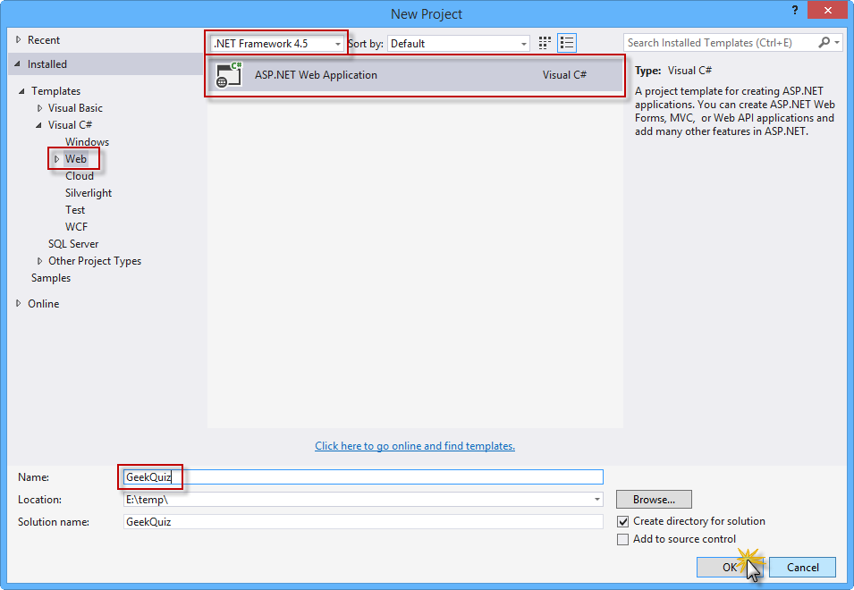 Creación de un nuevo proyecto de aplicación web de ASP.NET
