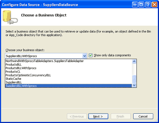 Configurar objectDataSource para usar la clase SuppliersBLLWithSprocs