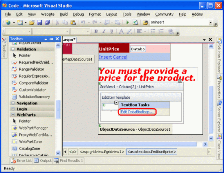 Haga clic en el enlace Edit DataBindings del TextBox