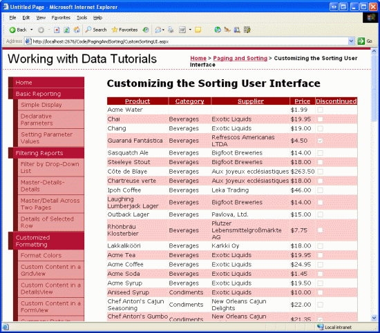Los datos de la GridView ordenable están ordenados por categoría