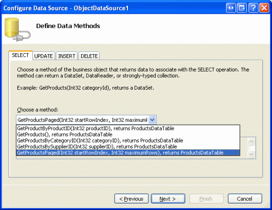 Configura ObjectDataSource para usar la clase ProductsBLL y su método GetProductsPaged