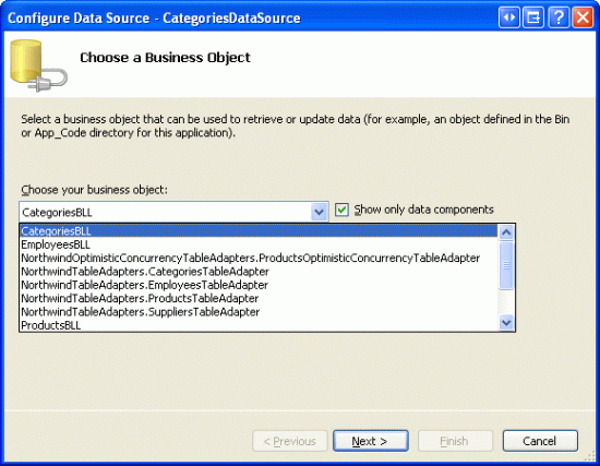 Configure el ObjectDataSource para usar la clase CategoriesBLL
