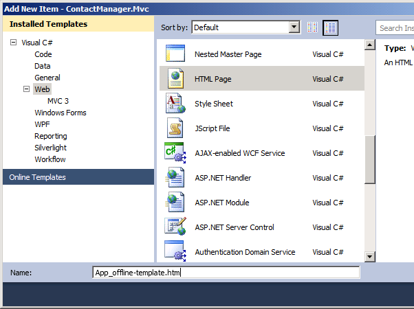 En el cuadro Nombre, escriba App_offline-template.htmy haga clic en Agregar.