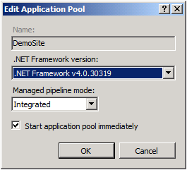 En la lista versión de .NET Framework, seleccione .NET Framework v4.0.30319 y, a continuación, haga clic en Aceptar.