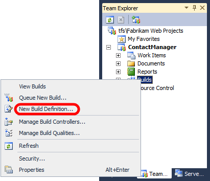 En Visual Studio 2010, en la ventana Team Explorer, expanda el nodo del proyecto de equipo, haga clic con el botón derecho en Compilaciones y, a continuación, haga clic en Nueva definición de compilación.