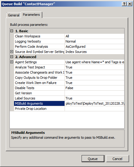 En la fila Argumentos de MSBuild, reemplace el valor de la propiedad OutputRoot por la ubicación de la carpeta de compilación.