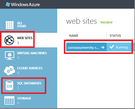 Página Sitios web del Portal de administración, sitio web creado