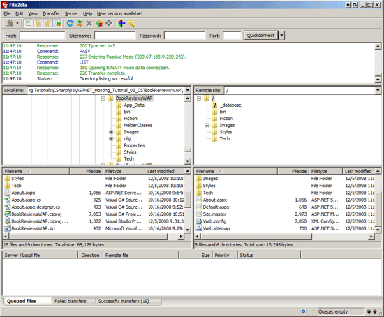 Captura de pantalla del cliente FTP FileZilla, que muestra que algunos archivos de código fuente de ASP dot Net no se copiaron en el servidor remoto.