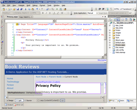Agregar una nueva página llamada <code>Privacy.aspx</code> a la carpeta raíz del sitio web