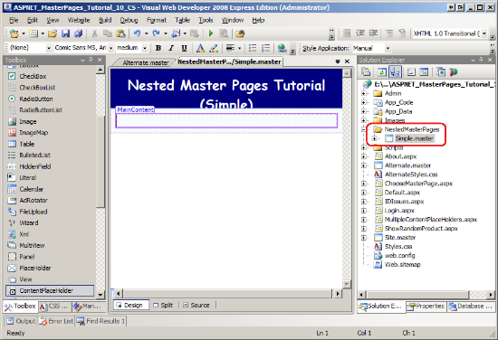 La página maestra Simple.master cuando se carga en el diseñador de Visual&nbsp;Studio.