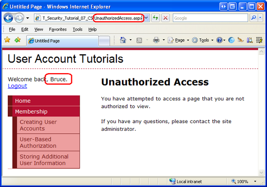 Los usuarios autenticados que no tienen autorización son redirigidos a UnauthorizedAccess.aspx