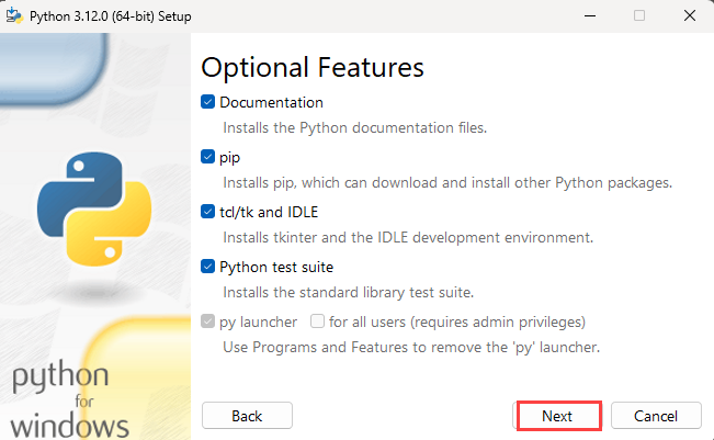 Captura de pantalla del paso 2 de instalación de Python con características opcionales.