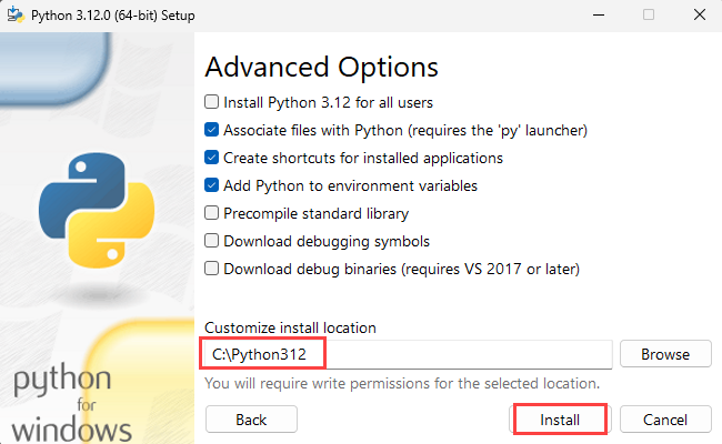 Captura de pantalla de la instalación de Python, paso 3, con ubicación personalizada.