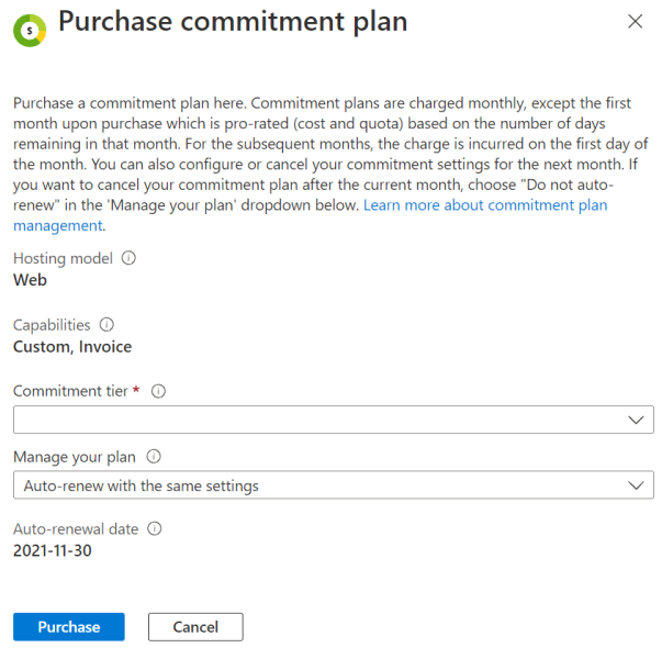 Captura de pantalla en la que se muestran los detalles de renovación y los precios del nivel de compromiso en Azure Portal.