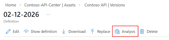 Captura de pantalla de la pestaña Análisis de una definición de API en la Azure portal.