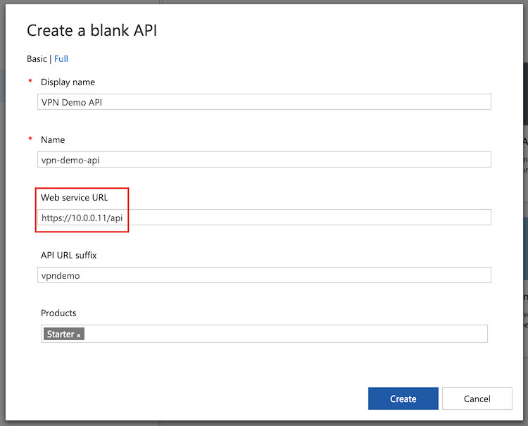 Captura de pantalla que muestra cómo agregar API desde la red virtual en el portal.