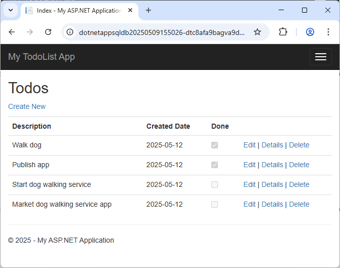 Captura de pantalla que muestra la aplicación de Azure después de la migración de Code First.