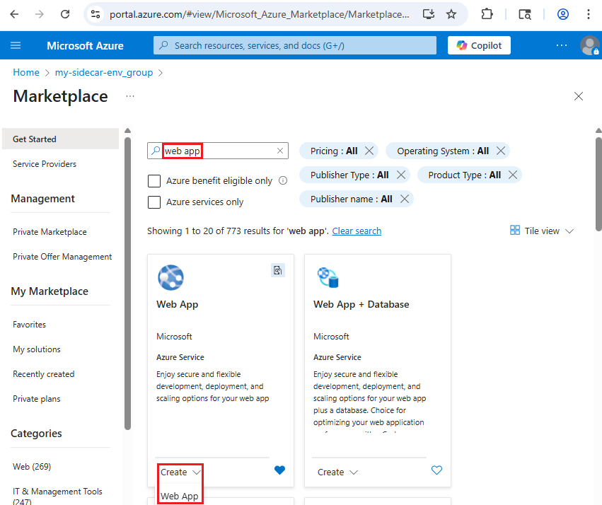 Captura de pantalla que muestra la página de Azure Marketplace con la aplicación web en la que se busca y se resalta el botón Crear aplicación web.