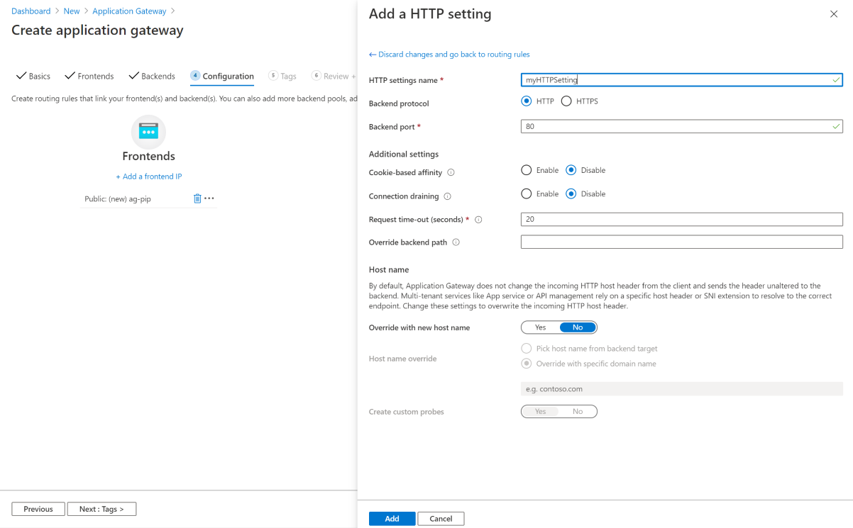 Captura de pantalla de la opción Agregar H T T P desde la pestaña de configuración de Create new Application Gateway (Crear nueva puerta de enlace de aplicaciones)