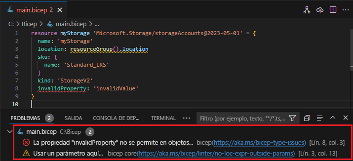 Captura de pantalla del panel Problemas en Visual Studio Code.