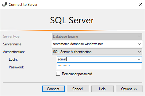 Captura de pantalla del cuadro de diálogo Conectar con el servidor en SQL Server Management Studio (SSMS).