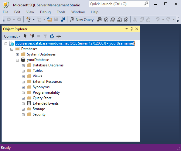 Captura de pantalla de SQL&nbsp;Server Management Studio (SSMS) en la que se muestran objetos de base de datos en el Explorador de objetos.