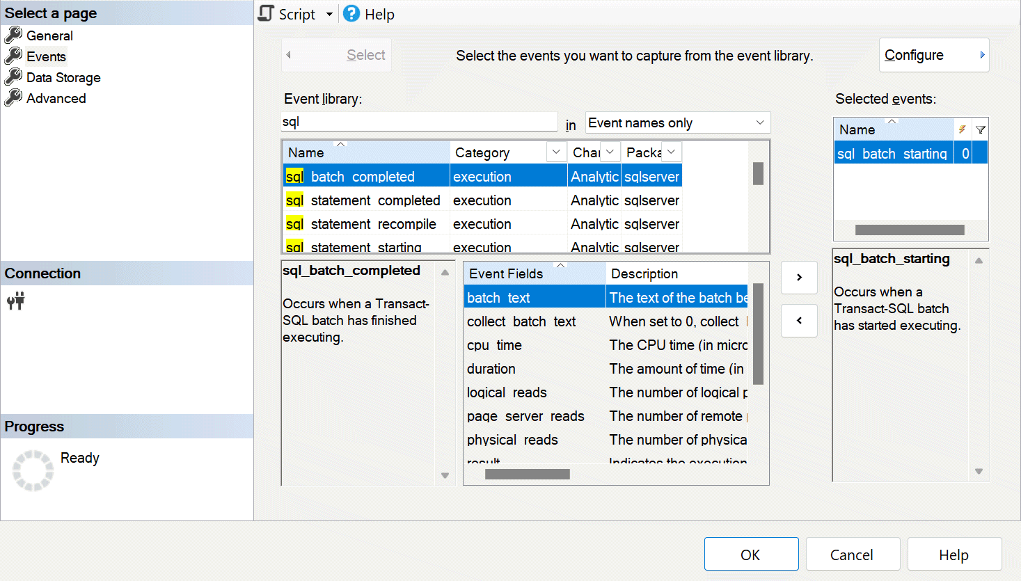 Captura de pantalla del cuadro de diálogo Nueva sesión de SSMS en la que se muestra la página de selección de eventos con el evento sql_batch_starting seleccionado.