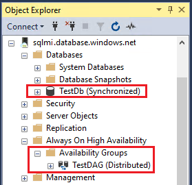 Screenshot que muestra el estado de la base de datos de SQL Managed Instance y el grupo de disponibilidad distribuido.