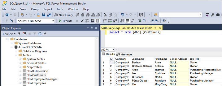 Captura de pantalla del Explorador de objetos de SQL&nbsp;Server Management Studio para validar la migración en SSMA.