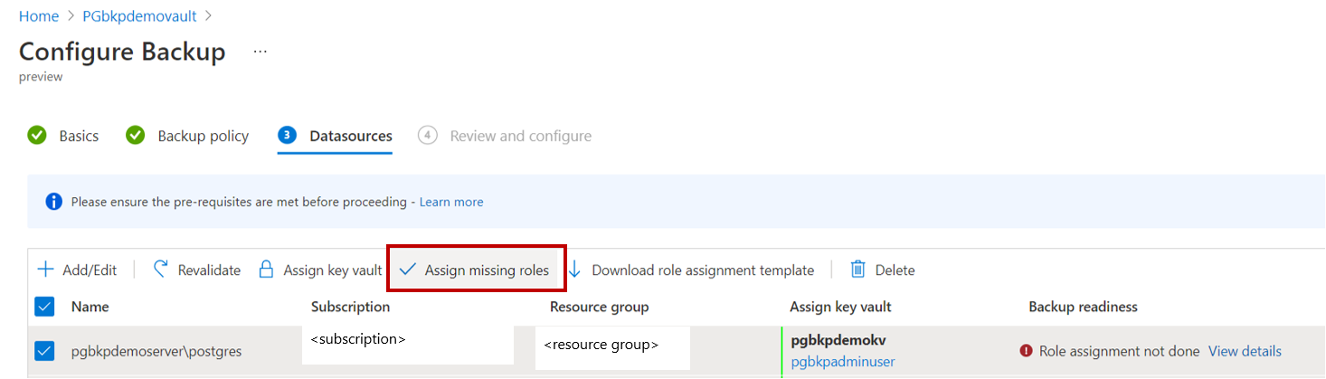 Captura de pantalla que muestra el botón para asignar roles que faltan.