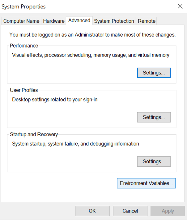 Captura de pantalla que muestra el botón para establecer variables de entorno en Propiedades del sistema.