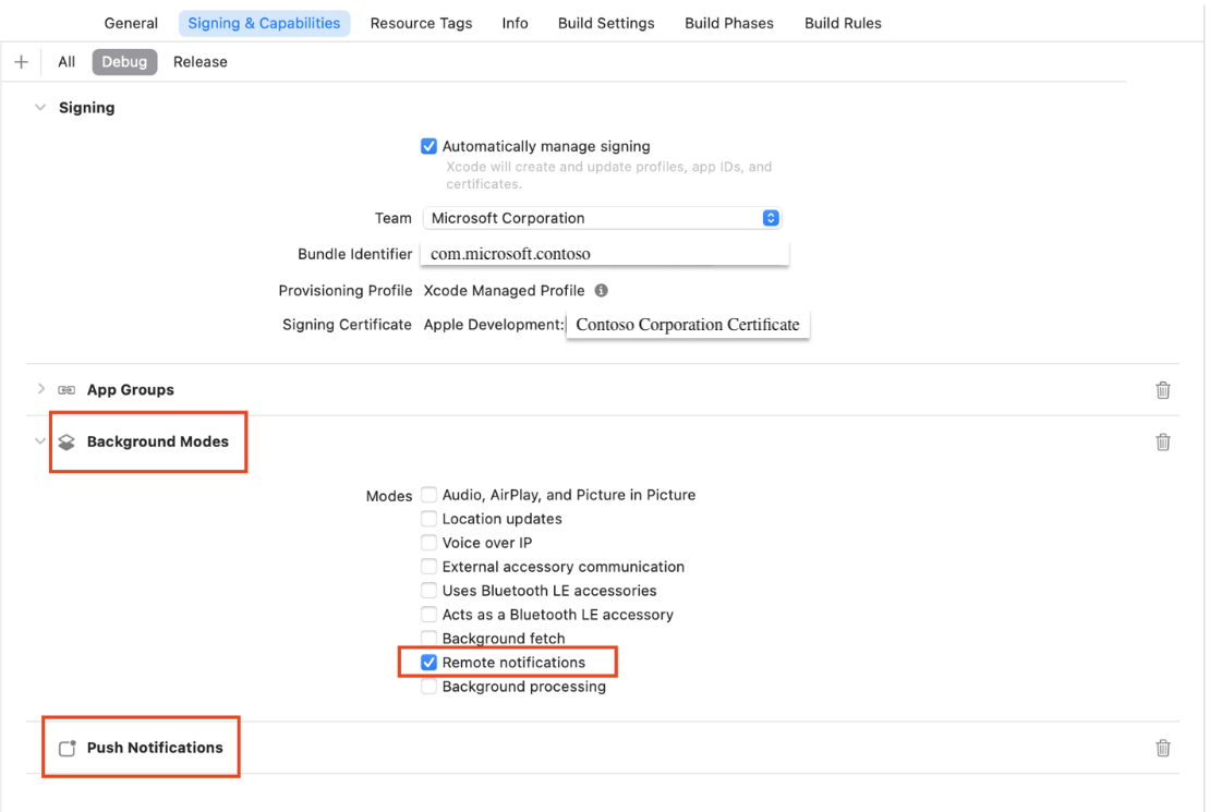 Captura de pantalla en la que se muestra la adición de notificaciones push y modos de operación en segundo plano en Xcode.