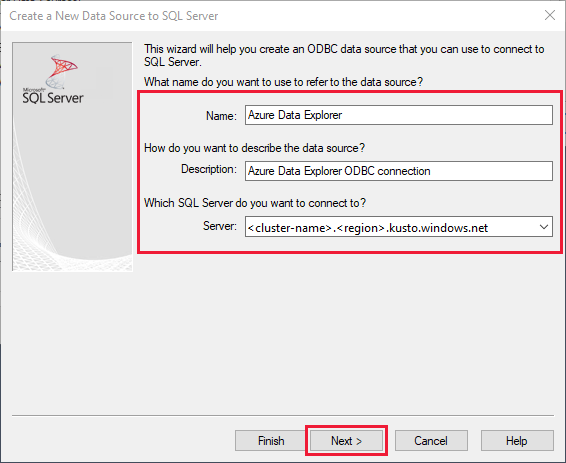 Captura de pantalla de la ventana Configuración del origen de datos que muestra el campo Servidor y un formato de dirección URL de clúster de ejemplo.