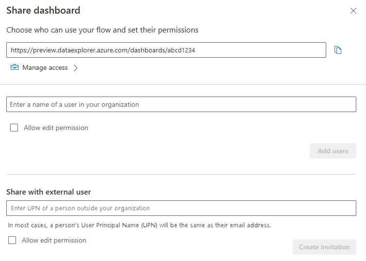 Captura de pantalla del uso compartido de un panel de Azure Data Explorer en un inquilino externo.