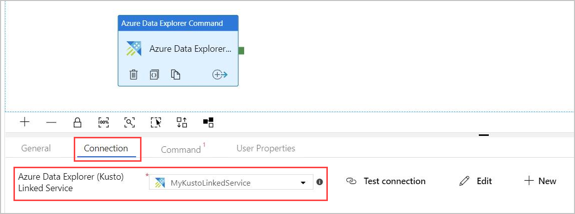 Pestaña de conexión del comando de actividad de Azure Data Explorer.