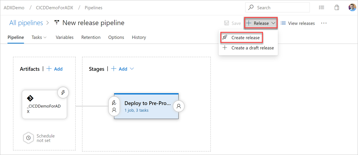 Captura de pantalla que muestra cómo crear un lanzamiento.