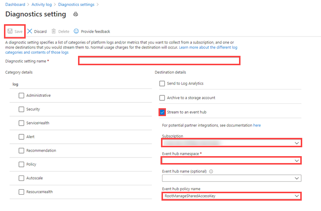 Ventana de configuración de diagnóstico con campos a completar: del portal de Azure Data Explorer.