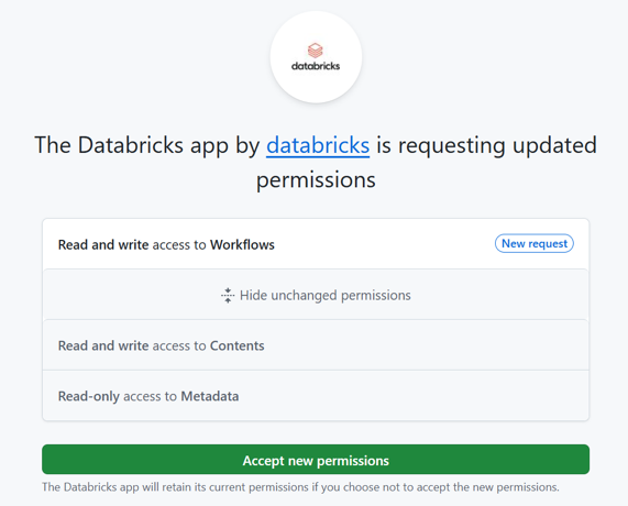 La imagen de correo electrónico que puede recibir cuando la aplicación de Databricks GitHub solicita acceso a Workflow