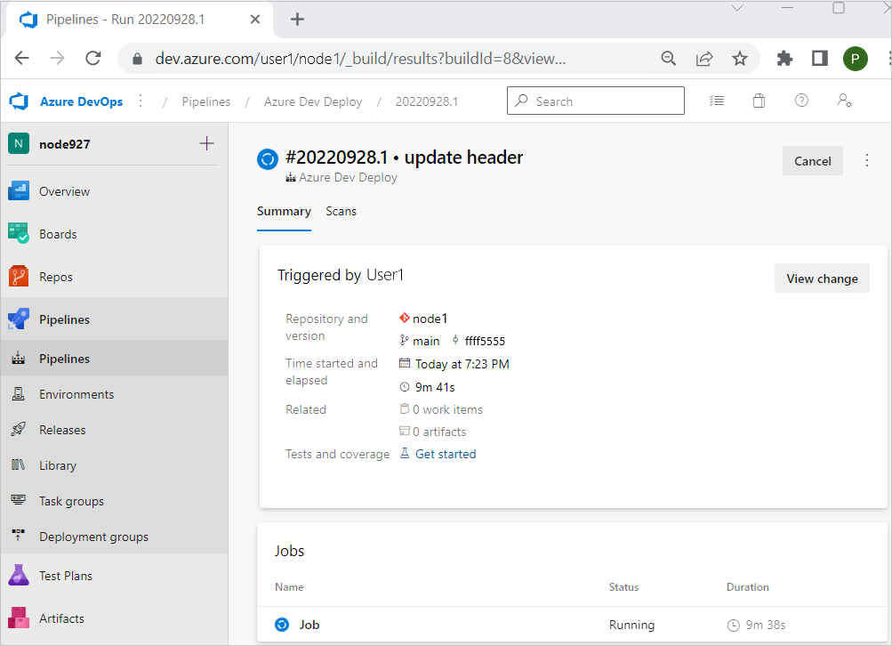 Captura de pantalla del flujo de trabajo de GitHub ejecutándose después de la actualización de la prueba.