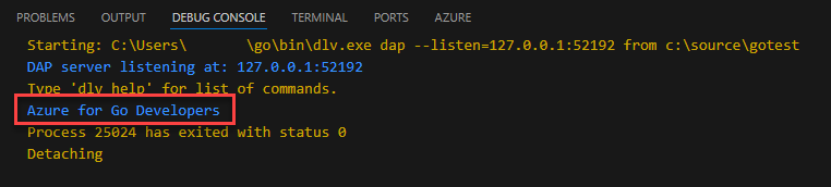 Captura de pantalla que muestra el resultado del programa Go de ejemplo impreso en la consola de depuración.