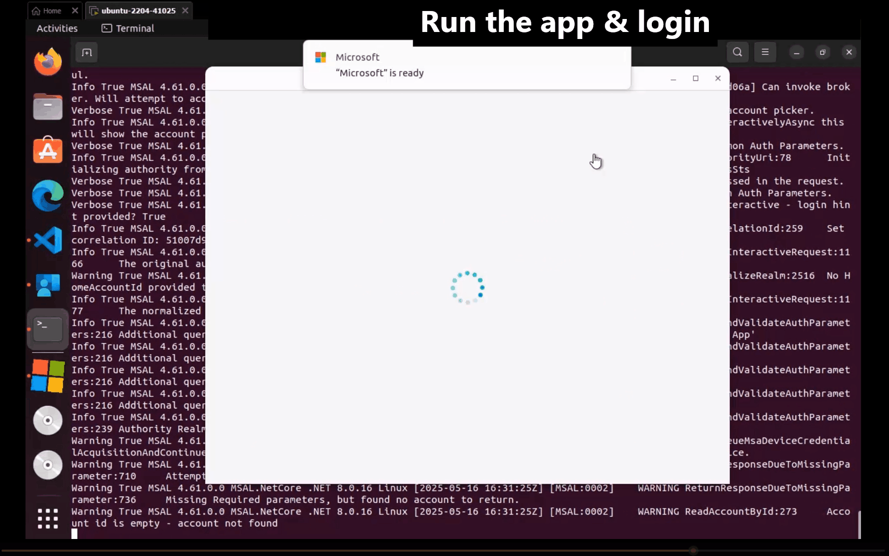 Gif animado que muestra la experiencia de inicio de sesión de Linux al usar una instancia interactiveBrowserCredential habilitada para broker para autenticar a un usuario.