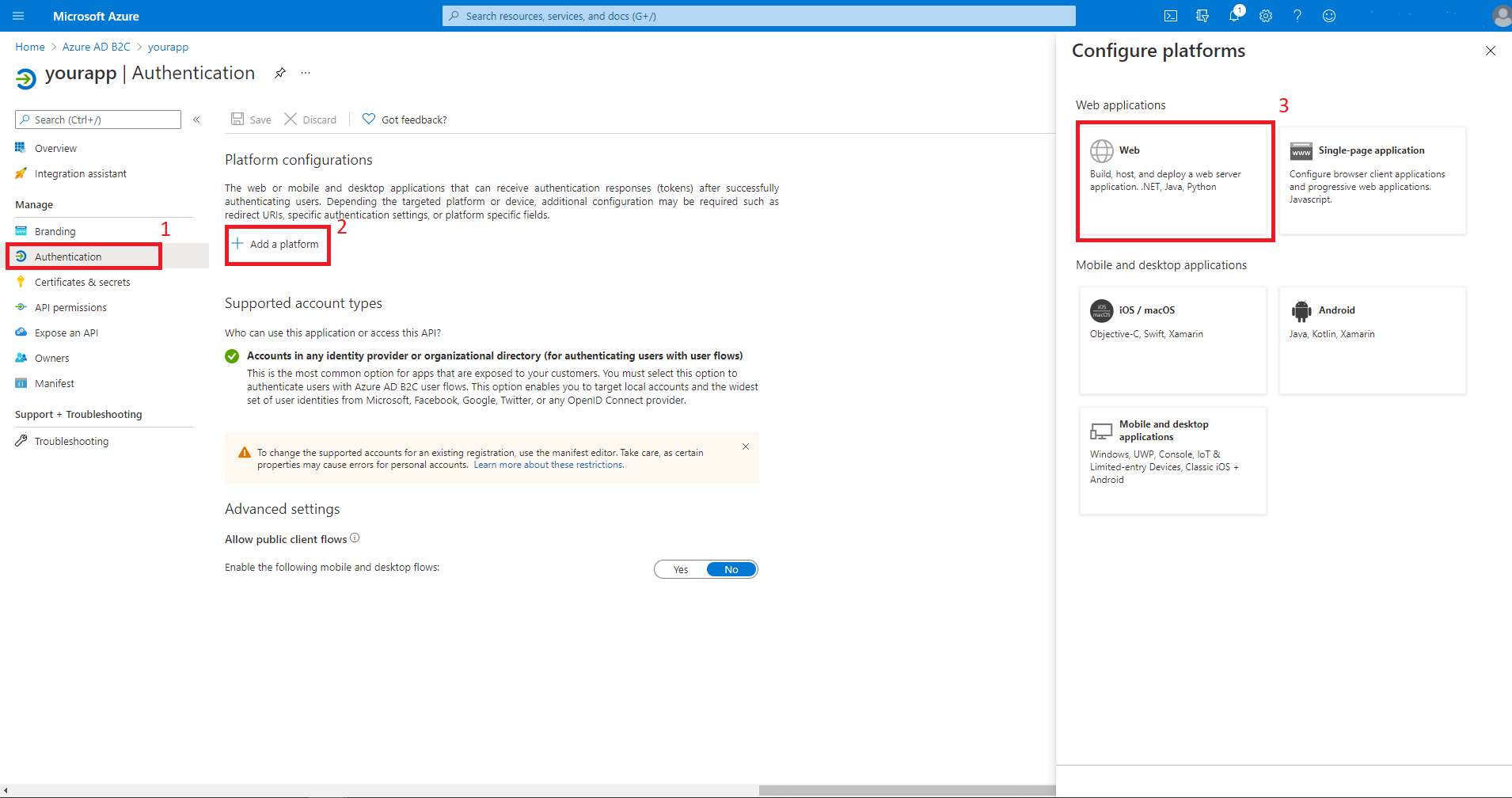 Opciones seleccionadas para la autenticación, agregue una plataforma, web.
