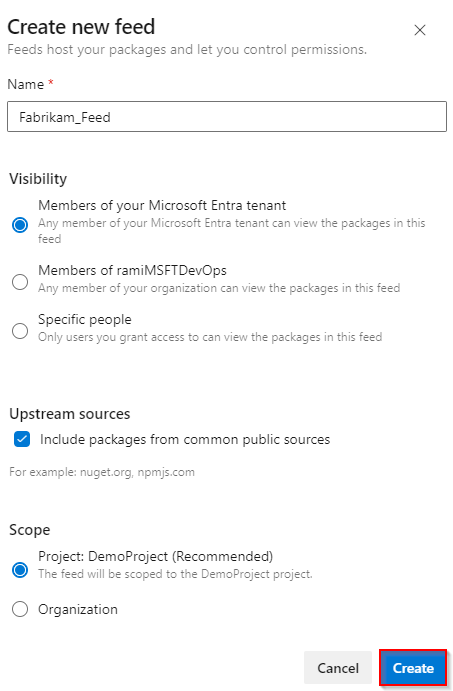 Captura de pantalla de Azure DevOps en la que se muestran selecciones para crear un nuevo feed en Azure DevOps Services.