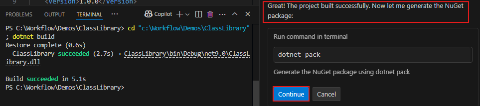 Captura de pantalla que muestra la solicitud de confirmación para generar el paquete NuGet.